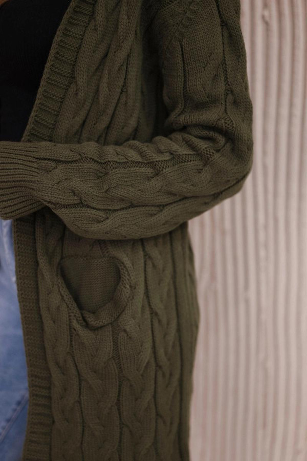 Kardigánový sveter s kapucňou a vreckami model 2019-24 farba khaki