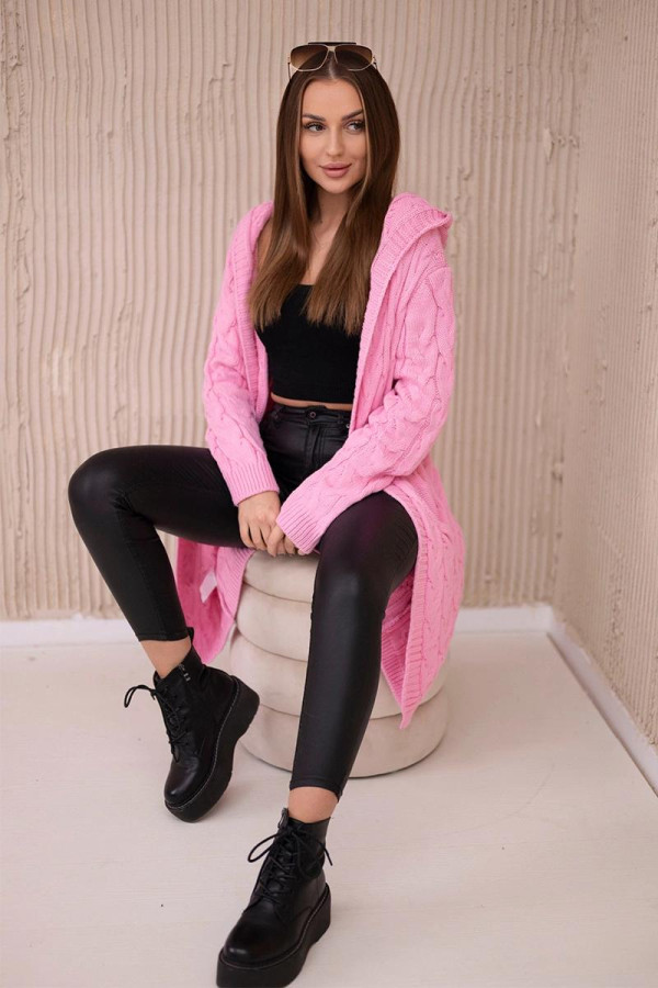 Kardigánový sveter s kapucňou a vreckami model 2019-24 jasný ružový