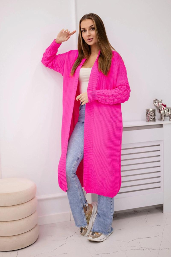 Dlhý kardigánový sveter s netopierími rukávmi model 2020-9 neónovo ružový
