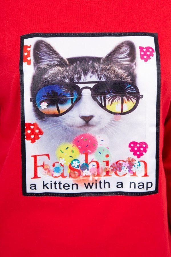 Tričko s našitým motívom mačky červené