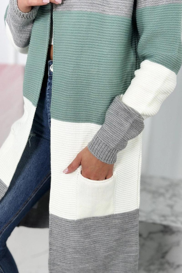 Trojfarebný kardigánový sveter model 2019-12 šedý+tmavý mentolový