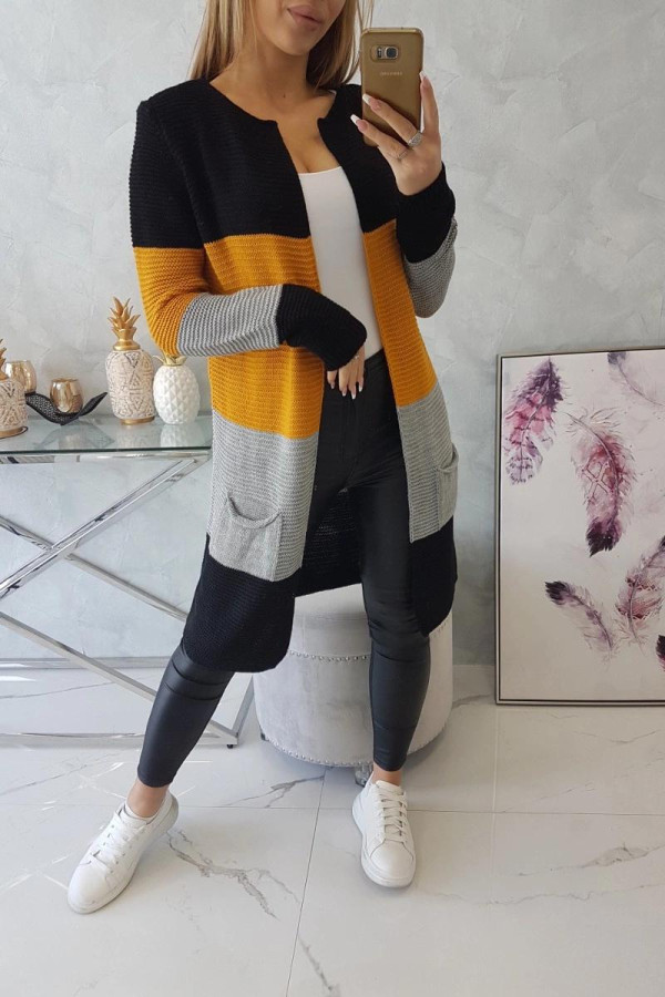 Trojfarebný kardigánový sveter model 2019-12 čierny+horčicový