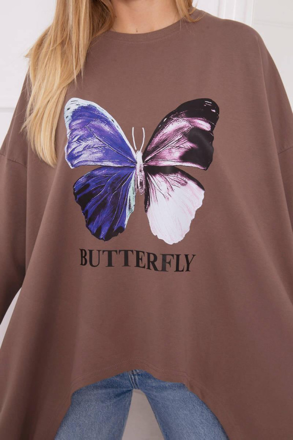 Predlžená oversize blúzka s potlačou motýľa farba mocca