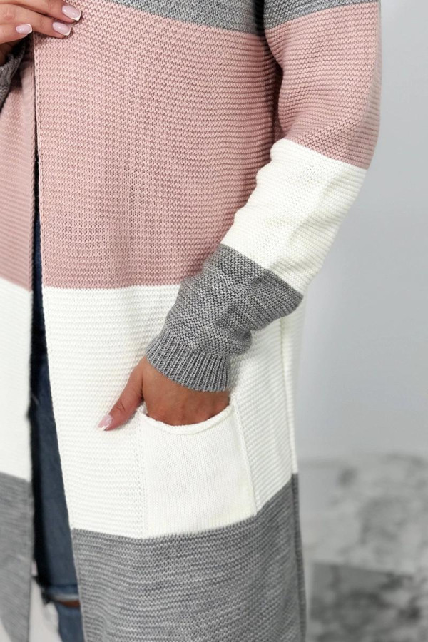 Trojfarebný kardigánový sveter model 2019-12 šedý+pudrovo ružový