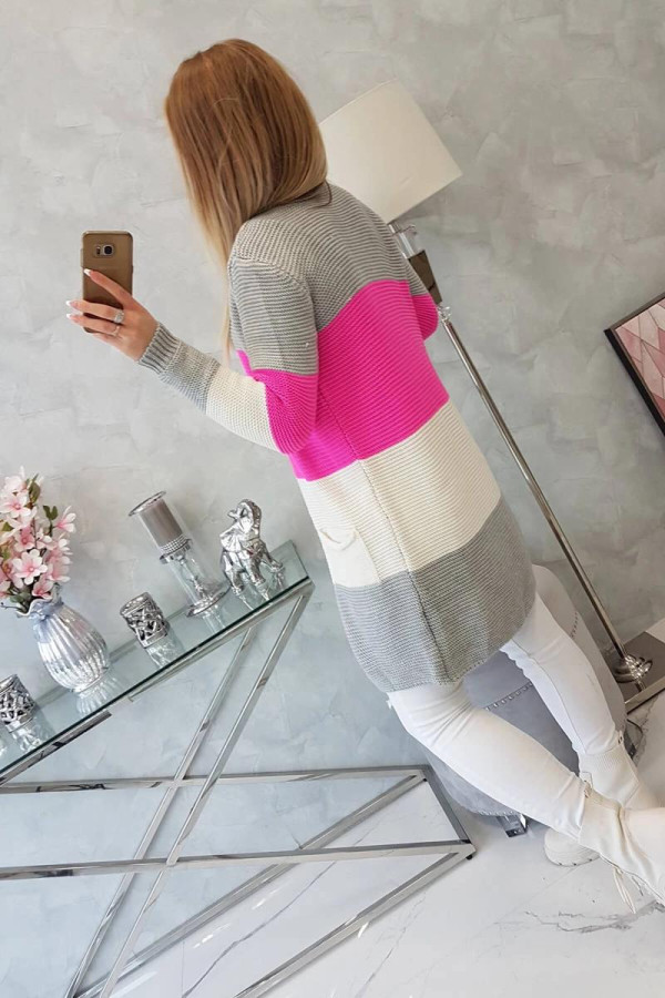 Trojfarebný kardigánový sveter model 2019-12 šedý+neónovo ružový