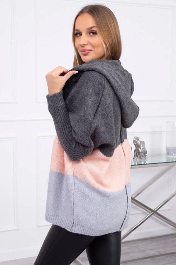 Trojfarebný sveter s kapucňou a s netopierími rukávmi grafitový+pudrovo ružový+šedý