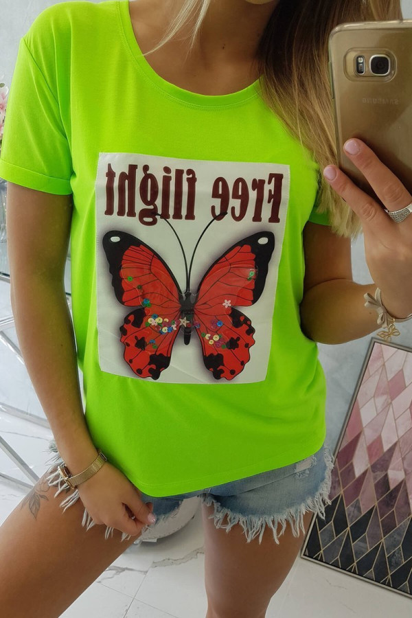 Tričko s potlačou motýľa a nápisom Free Flight neónovo zelené