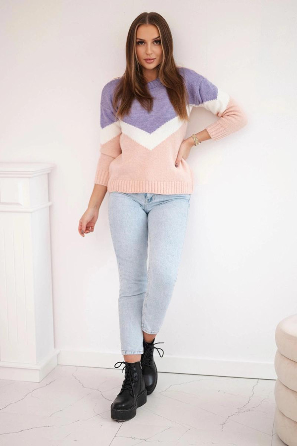 Dvojfarebný sveter s véčkovým vzorom model 2019-51 farba lila+ružová