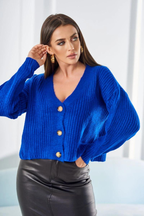 Krátky vrúbkovaný sveter s gombíkmi model 2024-11 farba kráľovská modrá