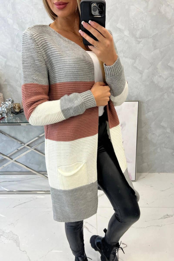 Trojfarebný kardigánový sveter model 2019-12 šedý+fialový