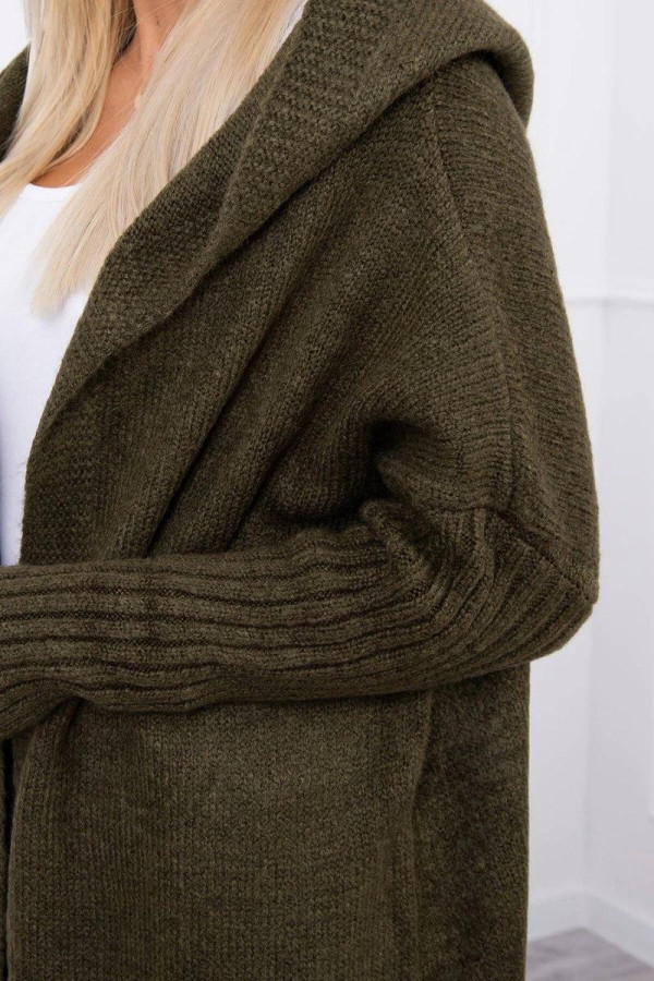 Kardigánový sveter s kapucňou a netopierími rukávmi model 2020-14 farba khaki