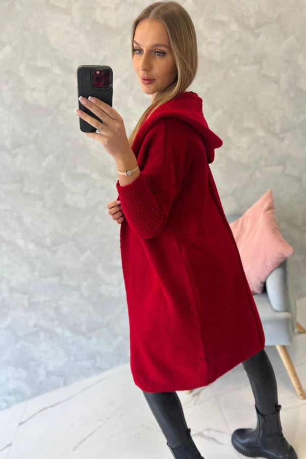 Kardigánový sveter s kapucňou a netopierími rukávmi model 2020-14 červený