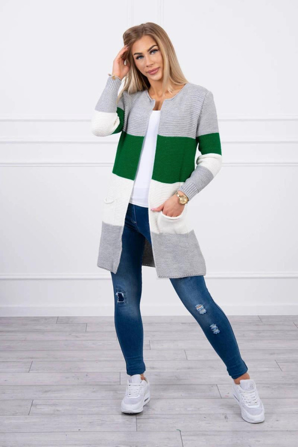 Trojfarebný kardigánový sveter model 2019-12 šedý+zelený