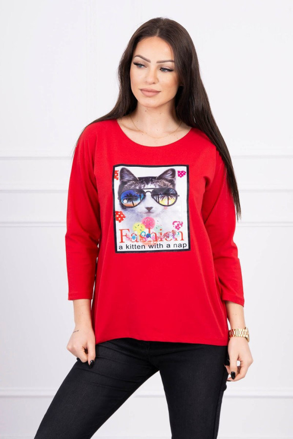 Tričko s našitým motívom mačky červené