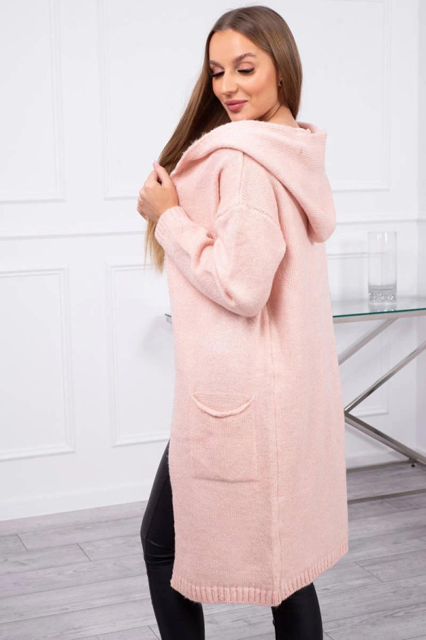 Kardigánový sveter s kapucňou a vreckami model 2020-10 pudrovo ružový