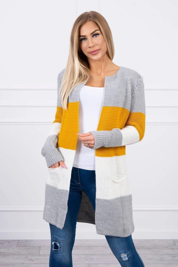 Trojfarebný kardigánový sveter model 2019-12 šedý+horčicový
