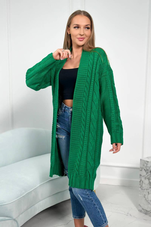 Kardigánový sveter s vrkočovým vzorom model SW1 tmavý zelený