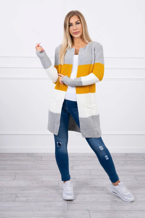 Trojfarebný kardigánový sveter model 2019-12 šedý+horčicový