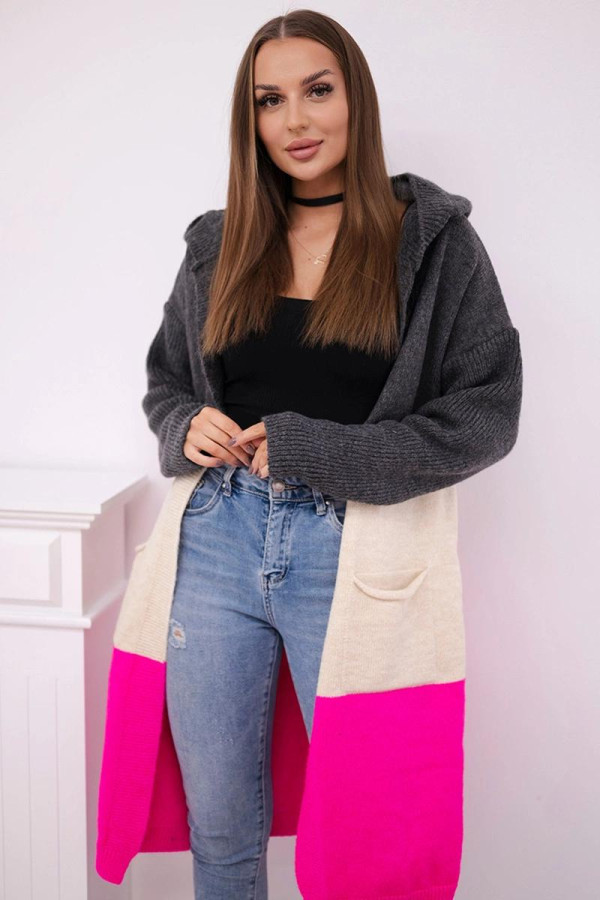 Dlhý trojfarebný kardigánový sveter s kapucňou model 24-35 grafitový+béžový+neónovo ružový