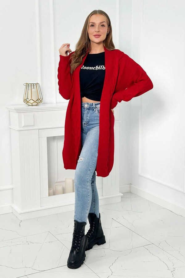Kardigánový sveter s vrkočovým vzorom model 2021-5 červený