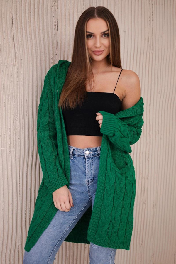 Kardigánový sveter s kapucňou a vreckami model 2019-24 zelený