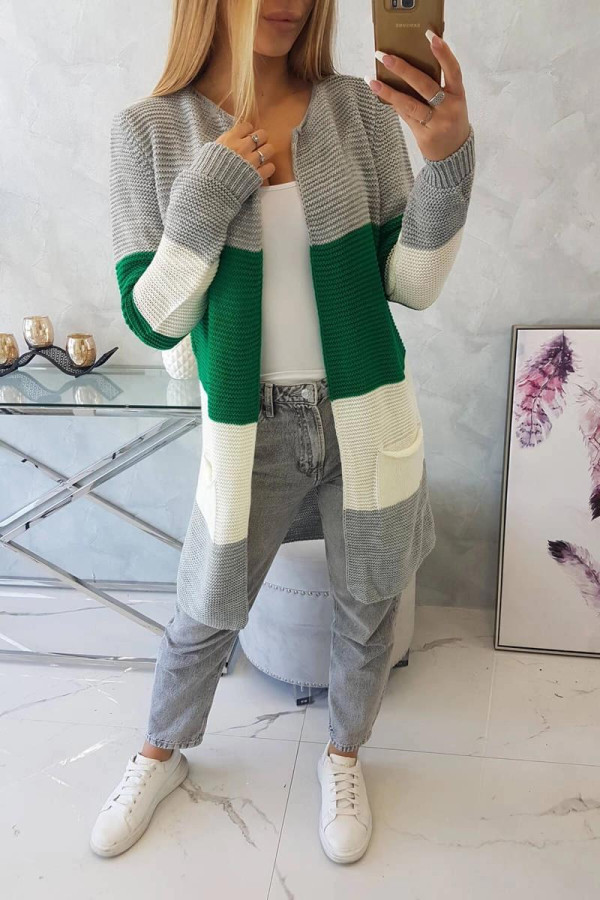 Trojfarebný kardigánový sveter model 2019-12 šedý+zelený