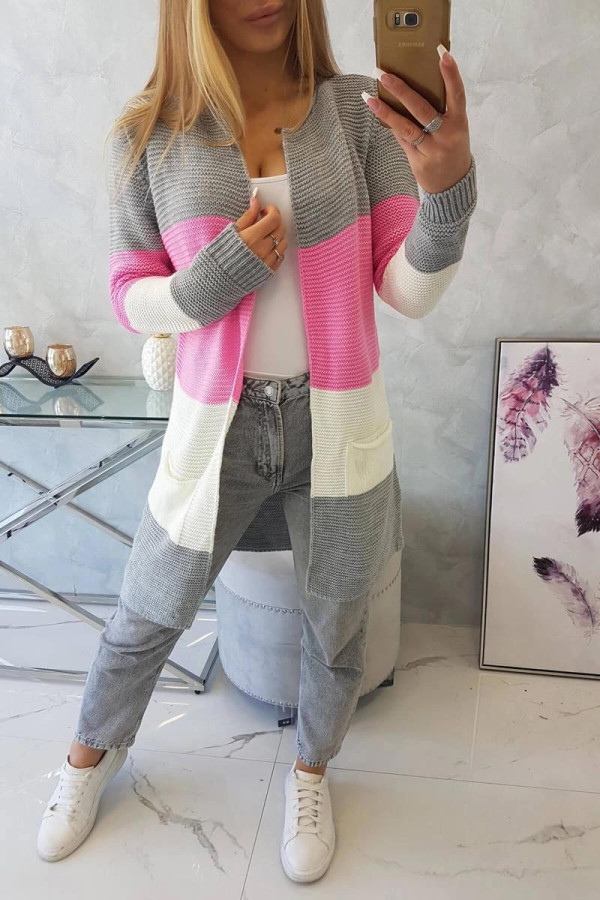 Trojfarebný kardigánový sveter model 2019-12 šedý+jasný ružový