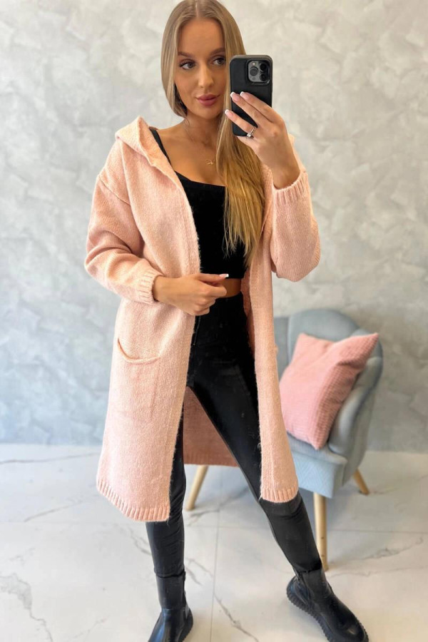 Kardigánový sveter s kapucňou a vreckami model 2020-10 pudrovo ružový