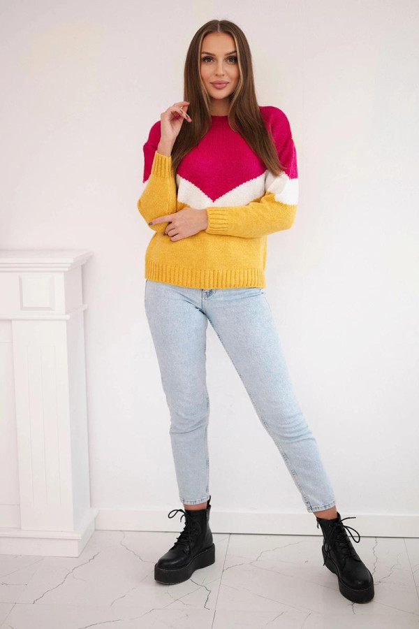 Dvojfarebný sveter s véčkovým vzorom model 2019-51 fuksiový+horčicový