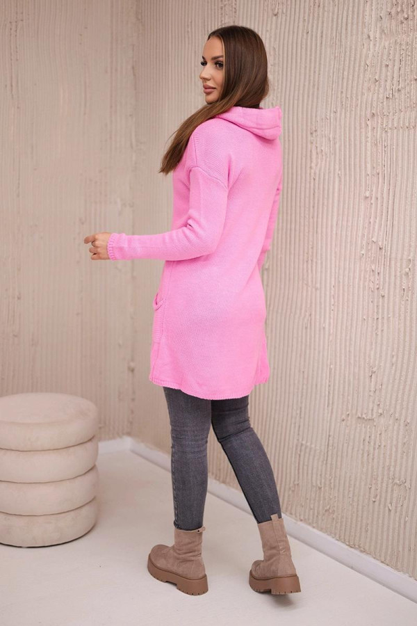 Predlžený sveter v zavinovacom štýle s kapucňou jasný ružový