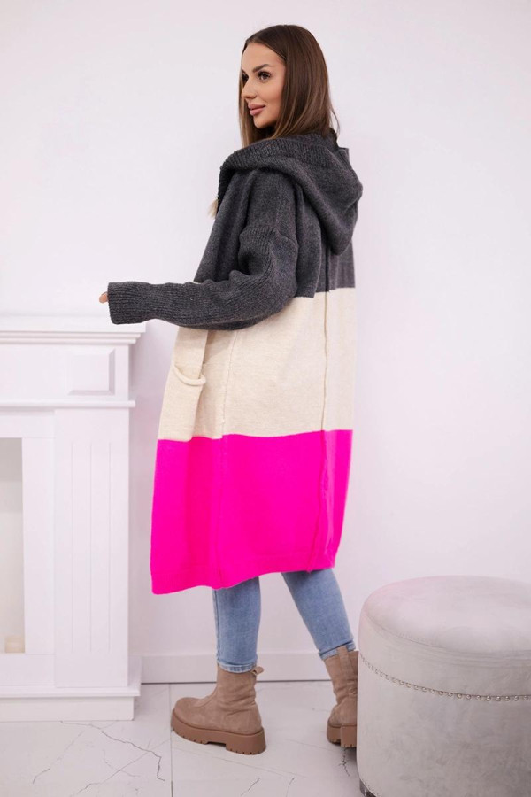 Dlhý trojfarebný kardigánový sveter s kapucňou model 24-35 grafitový+béžový+neónovo ružový