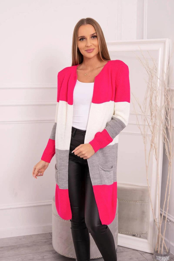 Trojfarebný kardigánový sveter model 2019-12 malinový+farba ecru