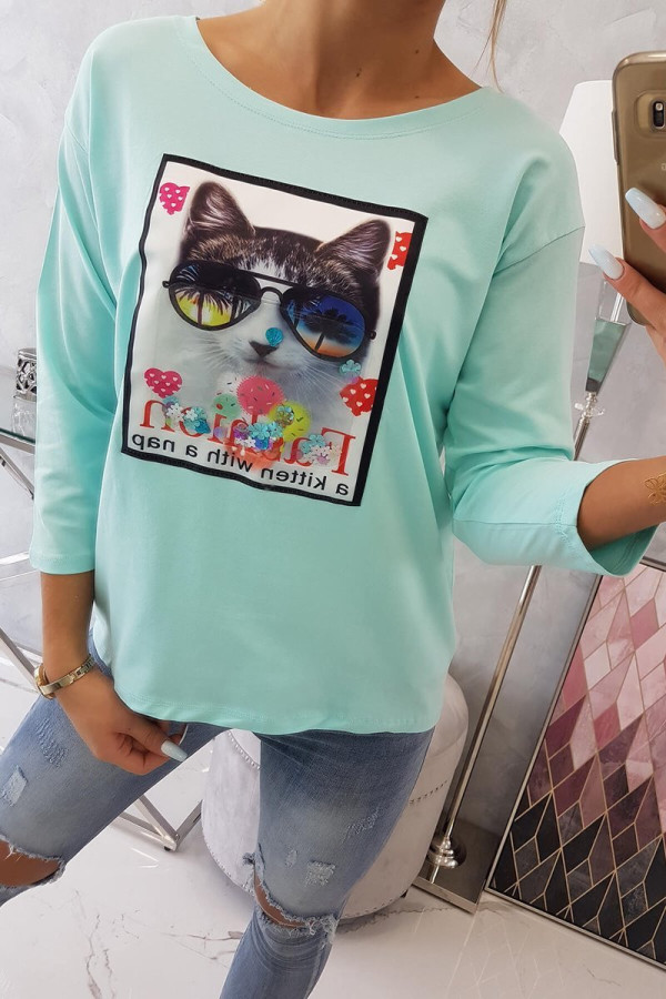 Tričko s našitým motívom mačky mentolové