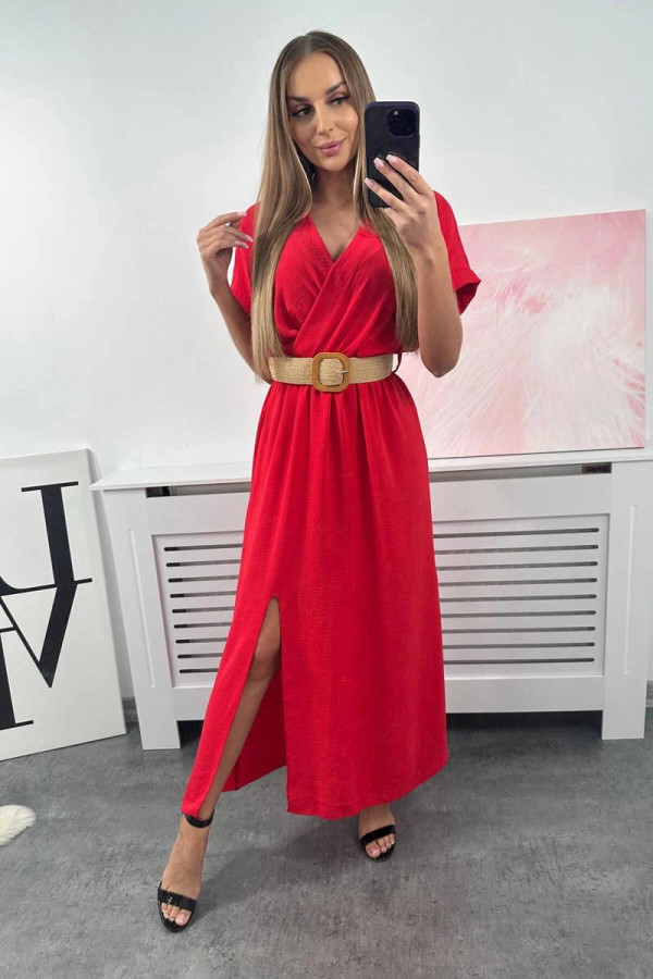 Dlhé šaty s ozdobným opaskom a rozparkom model 6012F červené
