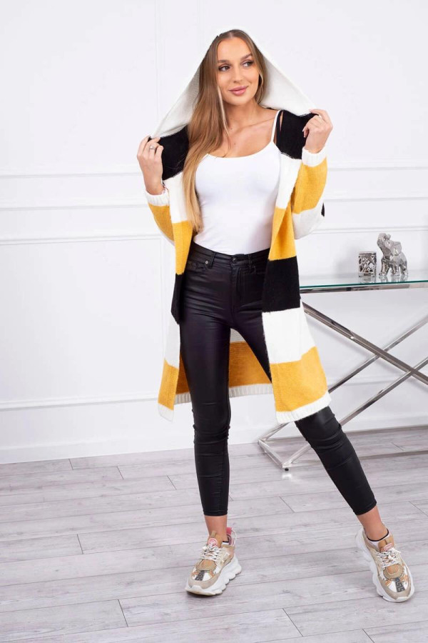 Trojfarebný kardigánový sveter model 2019-25 čierny+ecru+horčicový