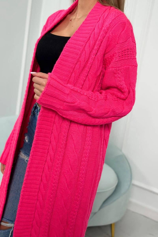 Kardigánový sveter s vrkočovým vzorom model SW1 neónovo ružový