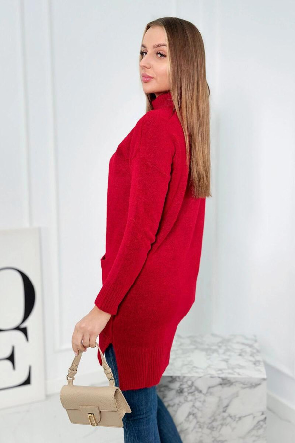 Úpletový sveter s rozparkami, vreckami a stojačikom červený