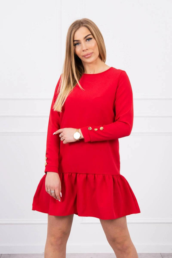 Šaty s volánovou sukňou a gombíkmi na rukávoch červené