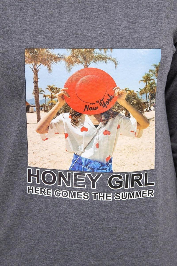 Šaty s letným motívom a nápisom Honey Girl grafitové