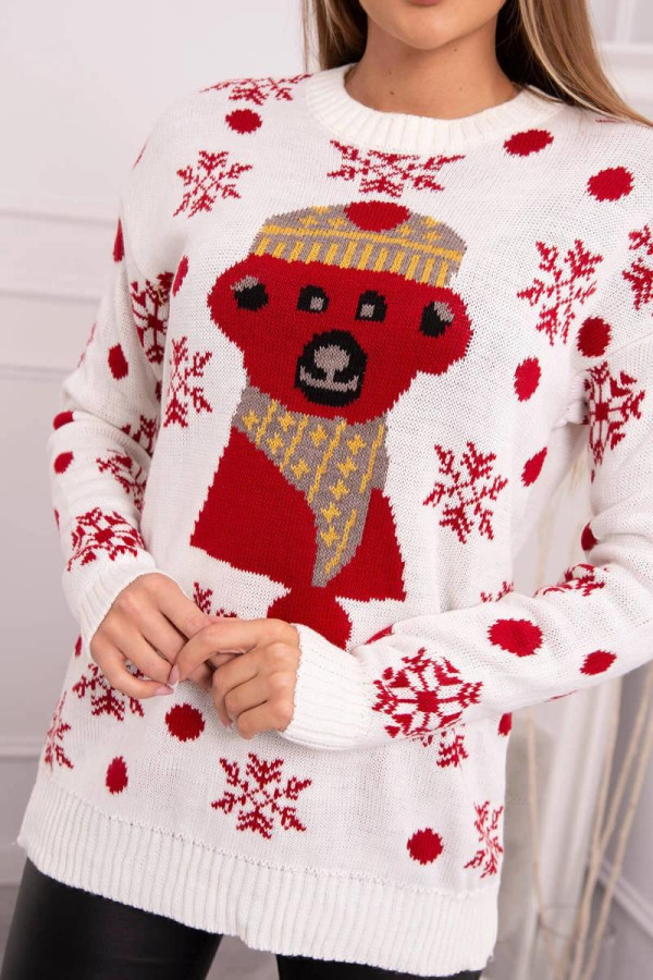 Vianočný sveter s medvedíkom model 2021-19 farba ecru