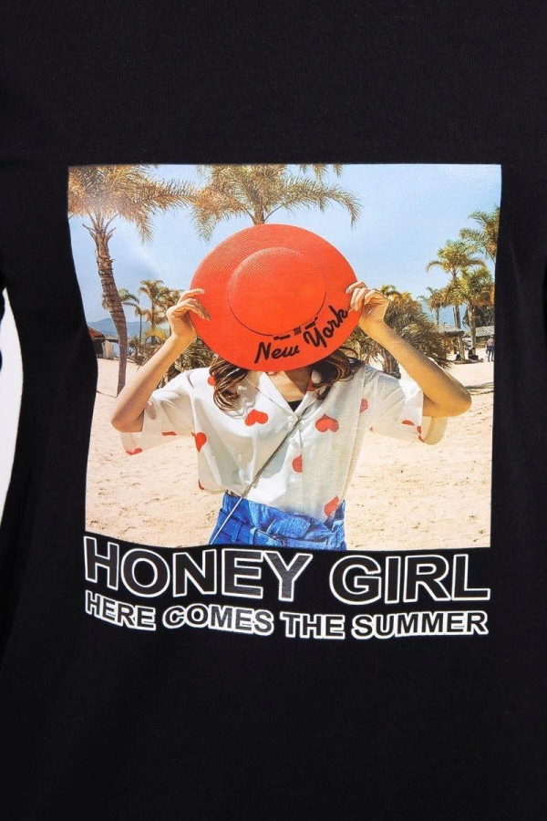 Šaty s letným motívom a nápisom Honey Girl čierne
