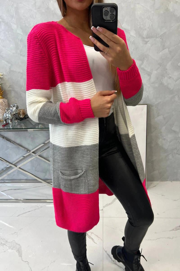 Trojfarebný kardigánový sveter model 2019-12 malinový+farba ecru