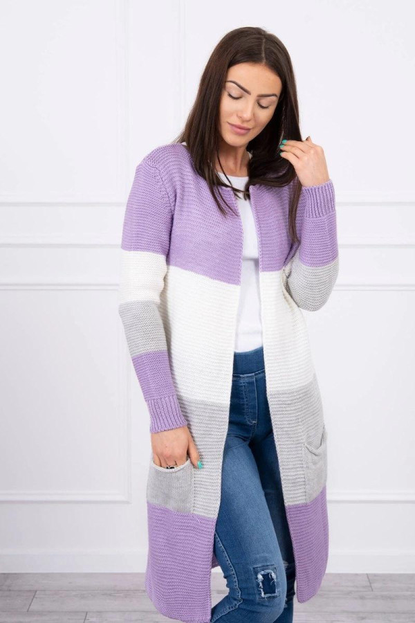 Trojfarebný kardigánový sveter model 2019-12 fialový+ecru
