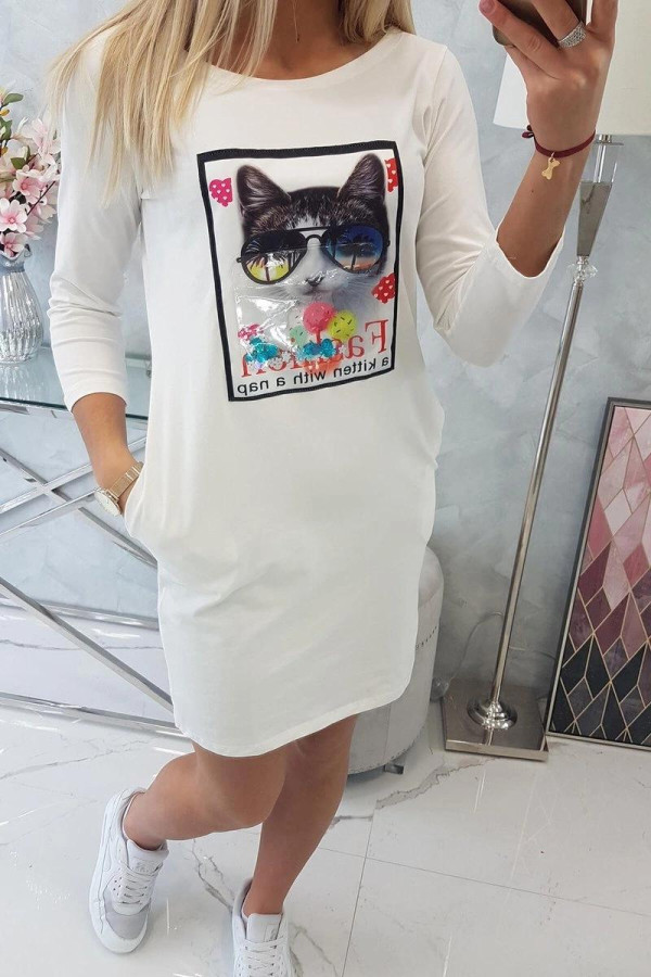 Šaty s našitým motívom mačky model 66815 farba ecru