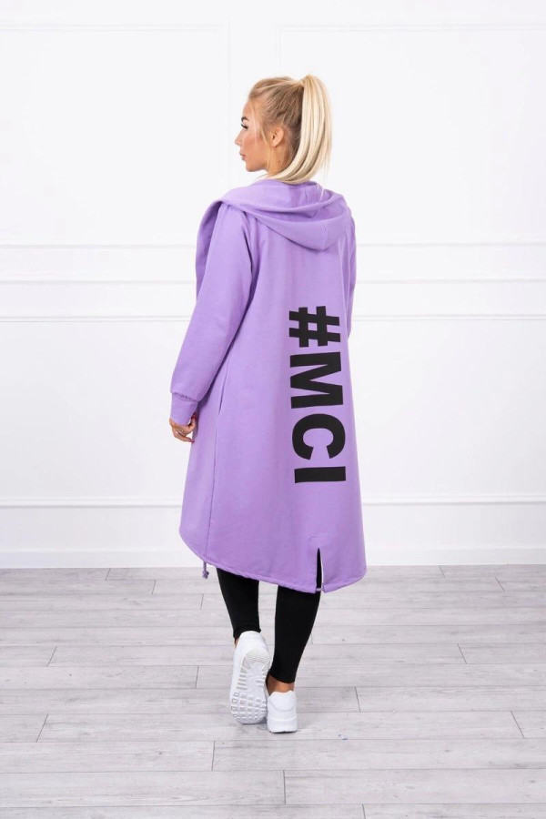 Kardigán s kapucňou a s veľkým nápisom #MCI na chrbte farba lila