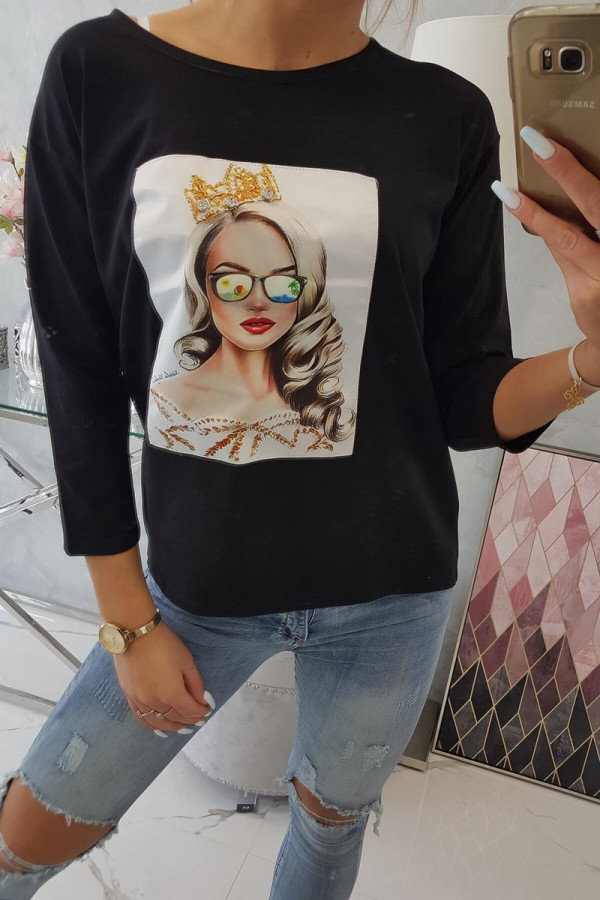 Tričko s 3D grafikou dievčaťa v okuliaroch čierne