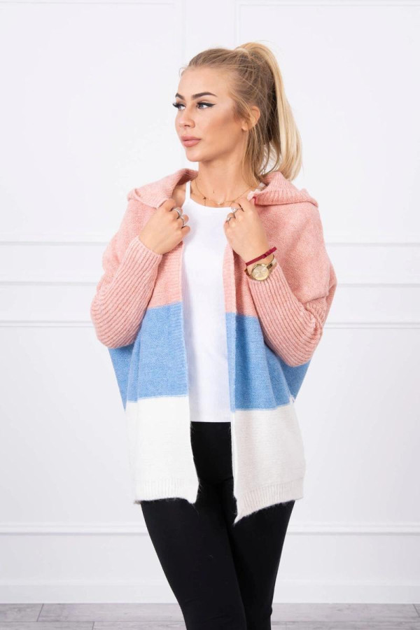 Trojfarebný sveter s kapucňou a s netopierími rukávmi pudrovo ružový+modrý+ecru