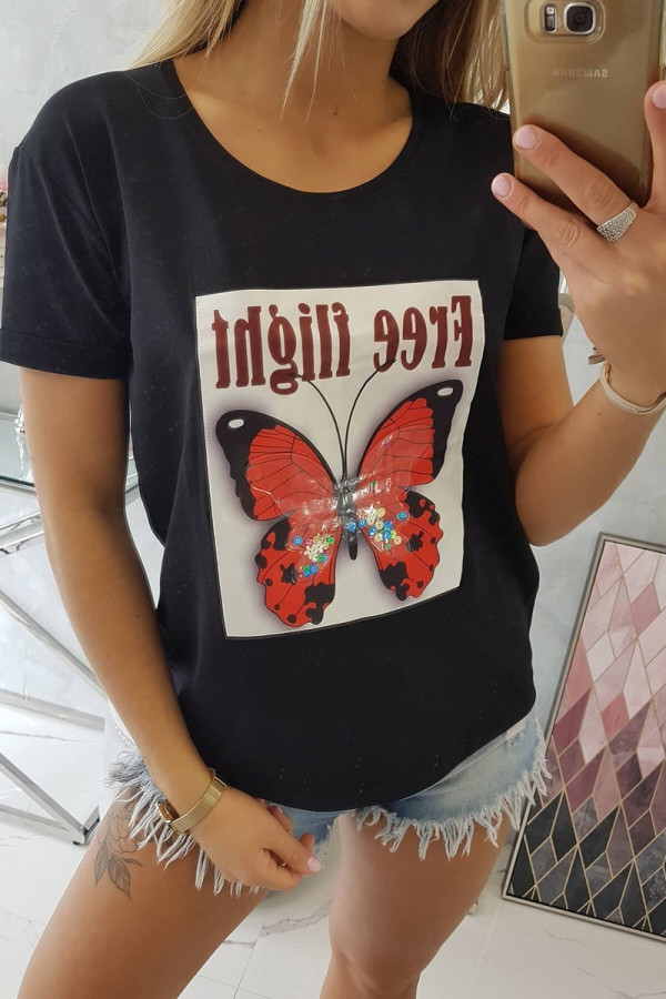 Tričko s potlačou motýľa a nápisom Free Flight čierne