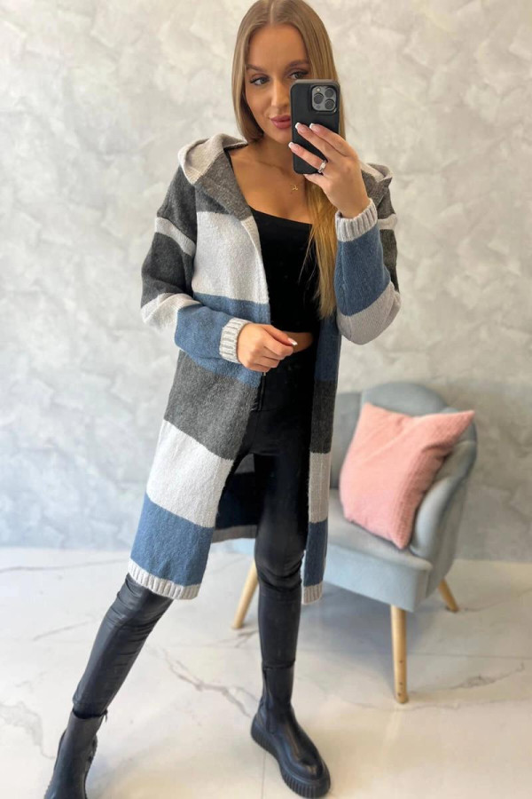 Trojfarebný kardigánový sveter model 2019-25 grafitový+šedý+džínsový