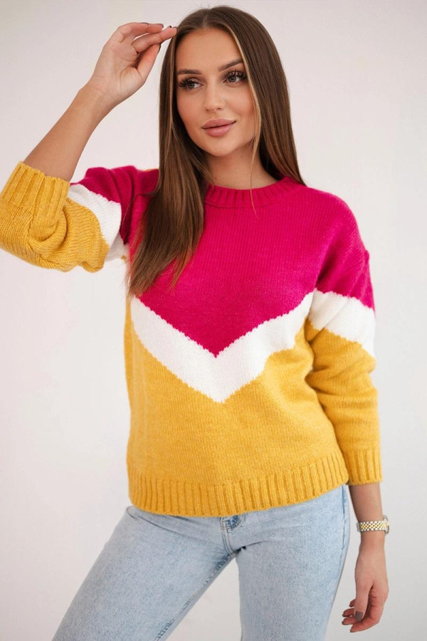 Dvojfarebný sveter s véčkovým vzorom model 2019-51 fuksiový+horčicový